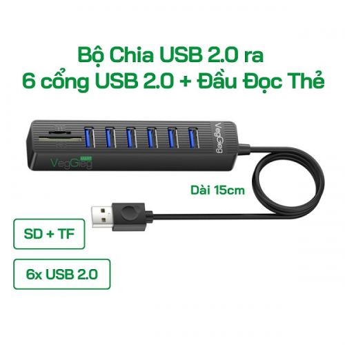 Bộ Chia USB 2.0 ra 6 cổng USB2.0 + Đầu Đọc Thẻ (SD+TF 2 TRONG 1) - V-C306